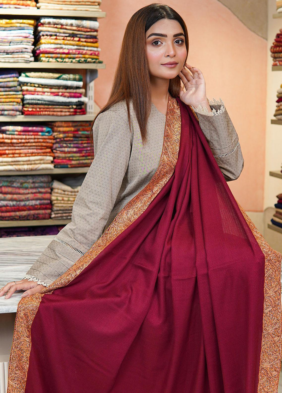 Sanaulla Exclusive Range  Pashmina  Shawls MAMA-47 Red - Pashmina Shawls