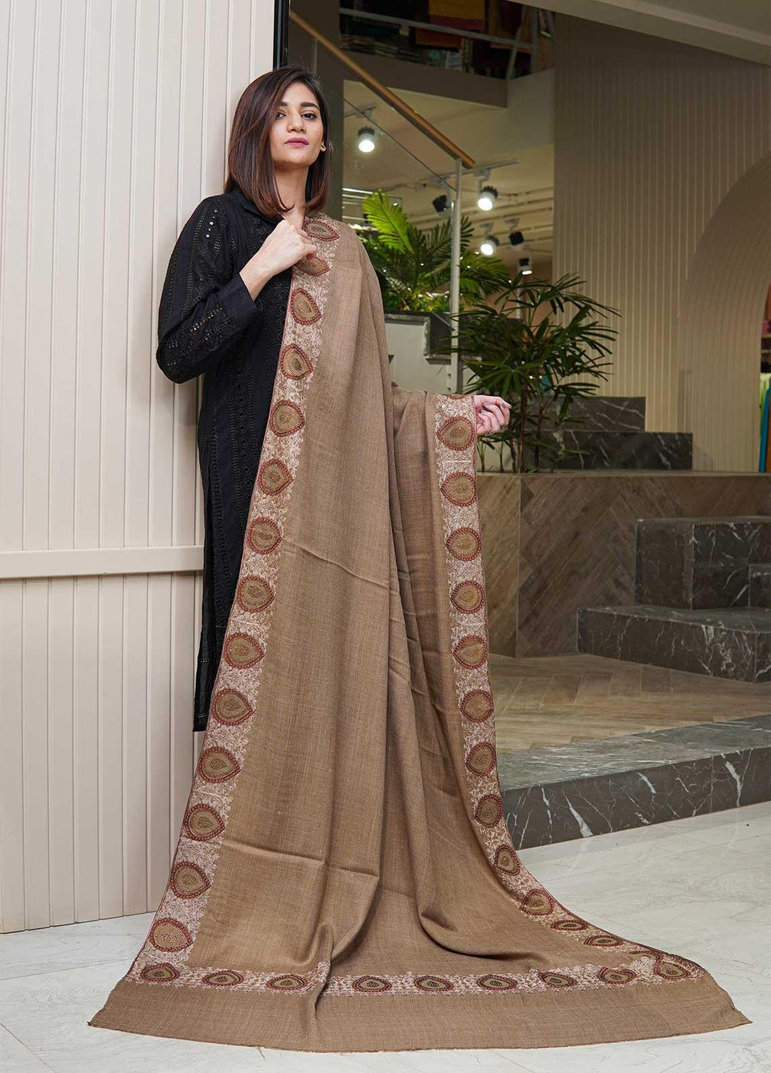 Sanaulla Exclusive Range  Pashmina  Shawls MAMA-51 Brown-1 - Pashmina Shawls