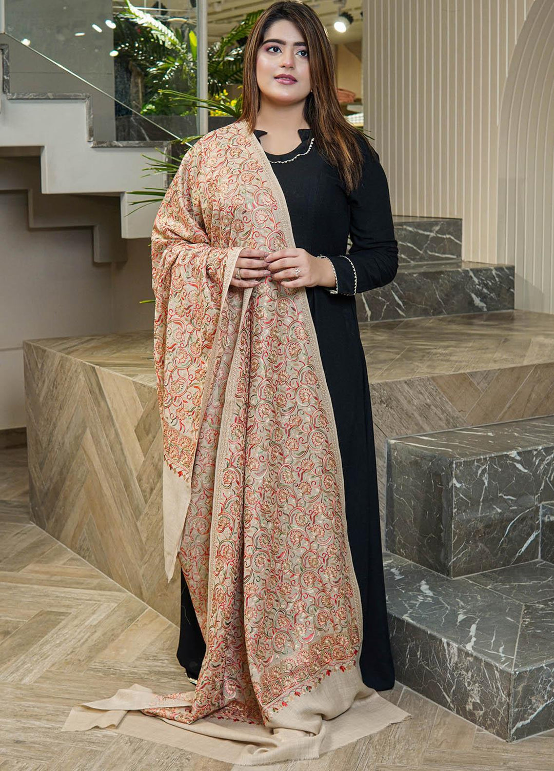 Sanaulla Exclusive Range  Pashmina  Shawls Nalki Flower Boder Jaal KPS-47 Fawn  - Pashmina Shawls