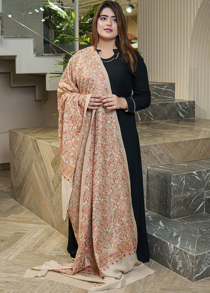 Sanaulla Exclusive Range  Pashmina  Shawls Nalki Flower Boder Jaal KPS-47 Fawn  - Pashmina Shawls