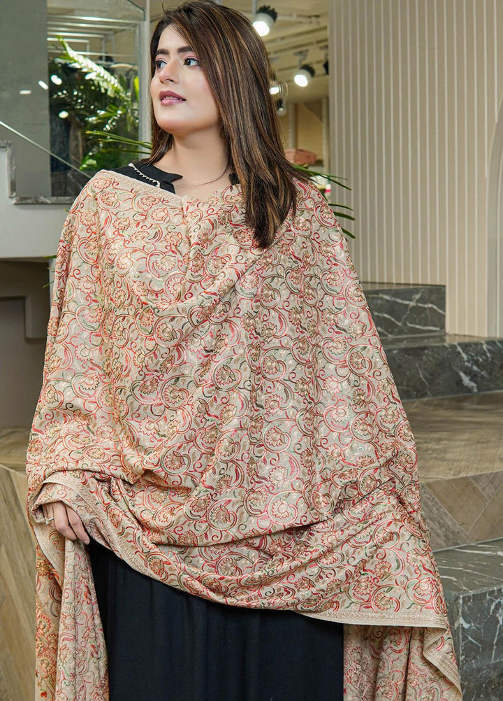 Sanaulla Exclusive Range  Pashmina  Shawls Nalki Flower Boder Jaal KPS-47 Fawn  - Pashmina Shawls