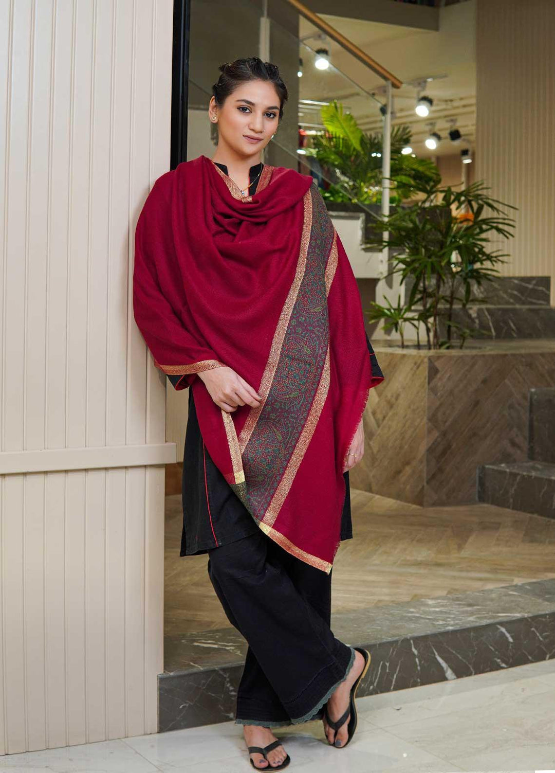 Sanaulla Exclusive Range  Pashmina  Shawls MAMA-44 Maroon - Pashmina Shawls