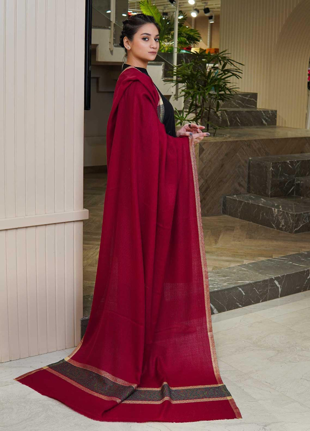 Sanaulla Exclusive Range  Pashmina  Shawls MAMA-44 Maroon - Pashmina Shawls