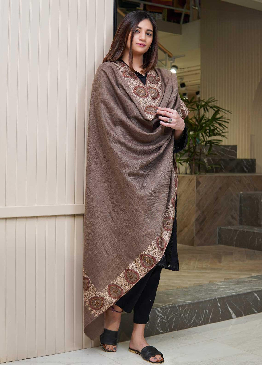 Sanaulla Exclusive Range  Pashmina  Shawls MAMA-51 Brown-2 - Pashmina Shawls