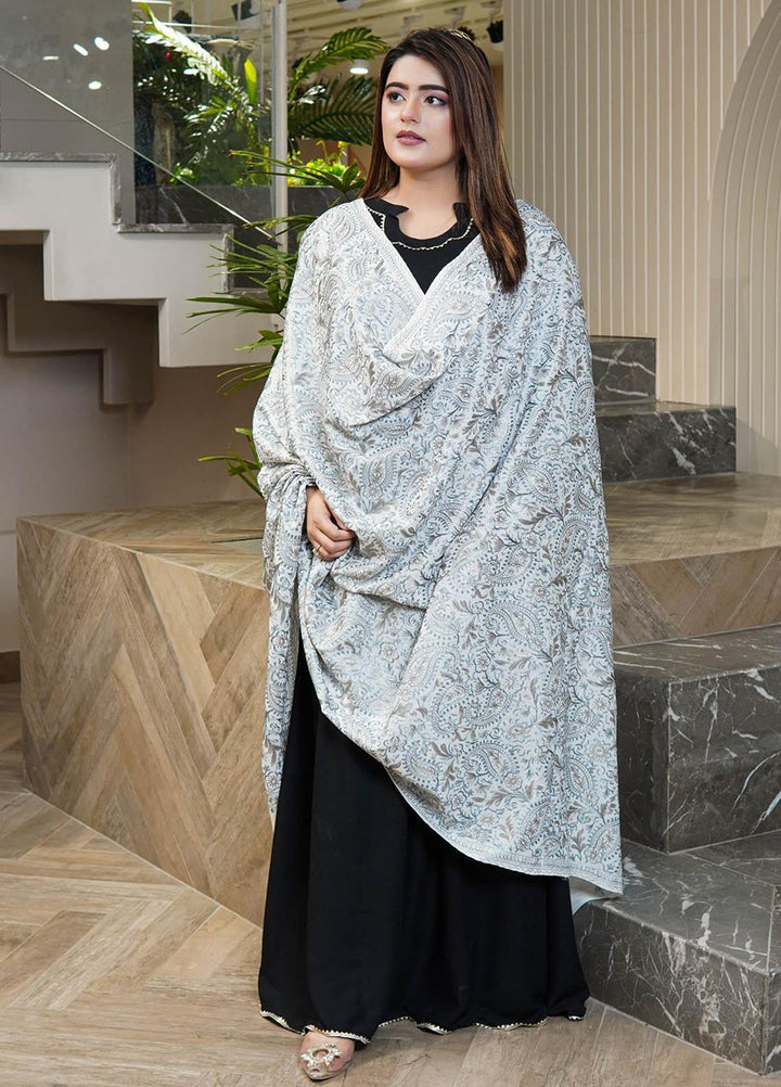 Sanaulla Exclusive Range  Pashmina  Shawls Nalki Flower Boder Jaal KPS-47 White  - Pashmina Shawls