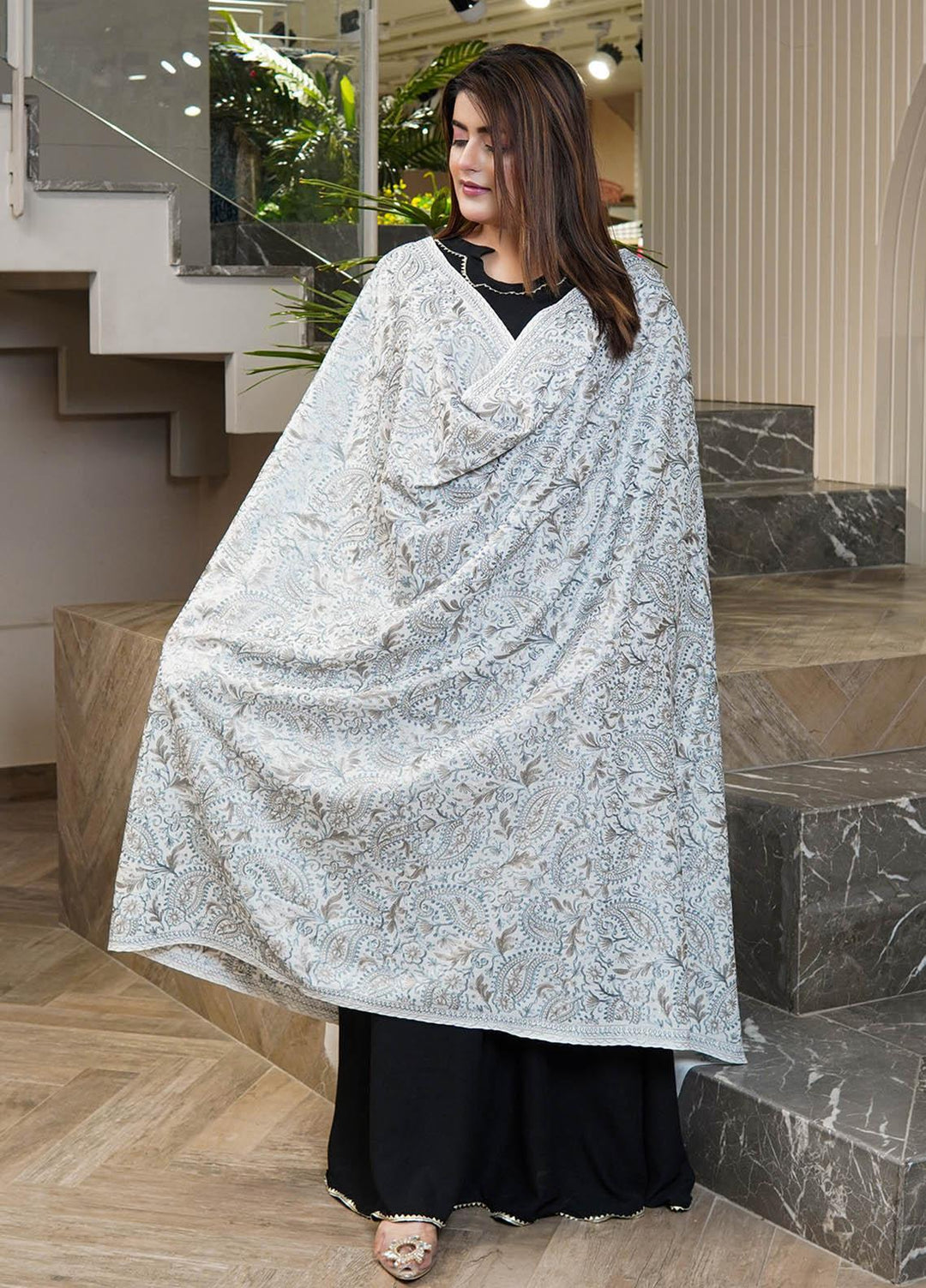 Sanaulla Exclusive Range  Pashmina  Shawls Nalki Flower Boder Jaal KPS-47 White  - Pashmina Shawls