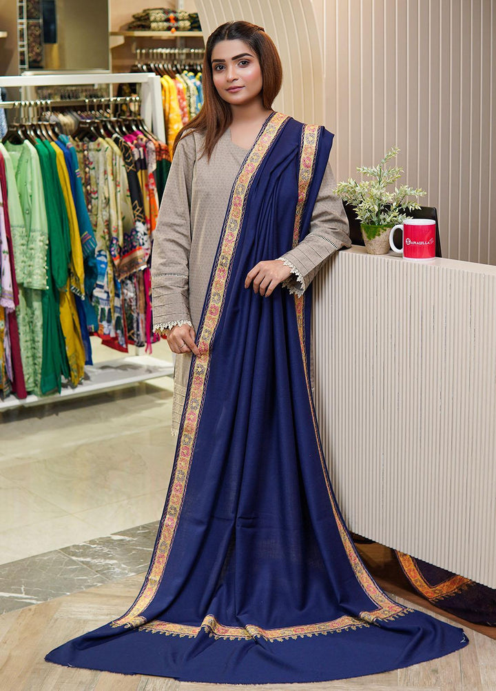 Sanaulla Exclusive Range  Pashmina  Shawls Tilla Neem Dour KPS-03 Blue - Pashmina Shawls
