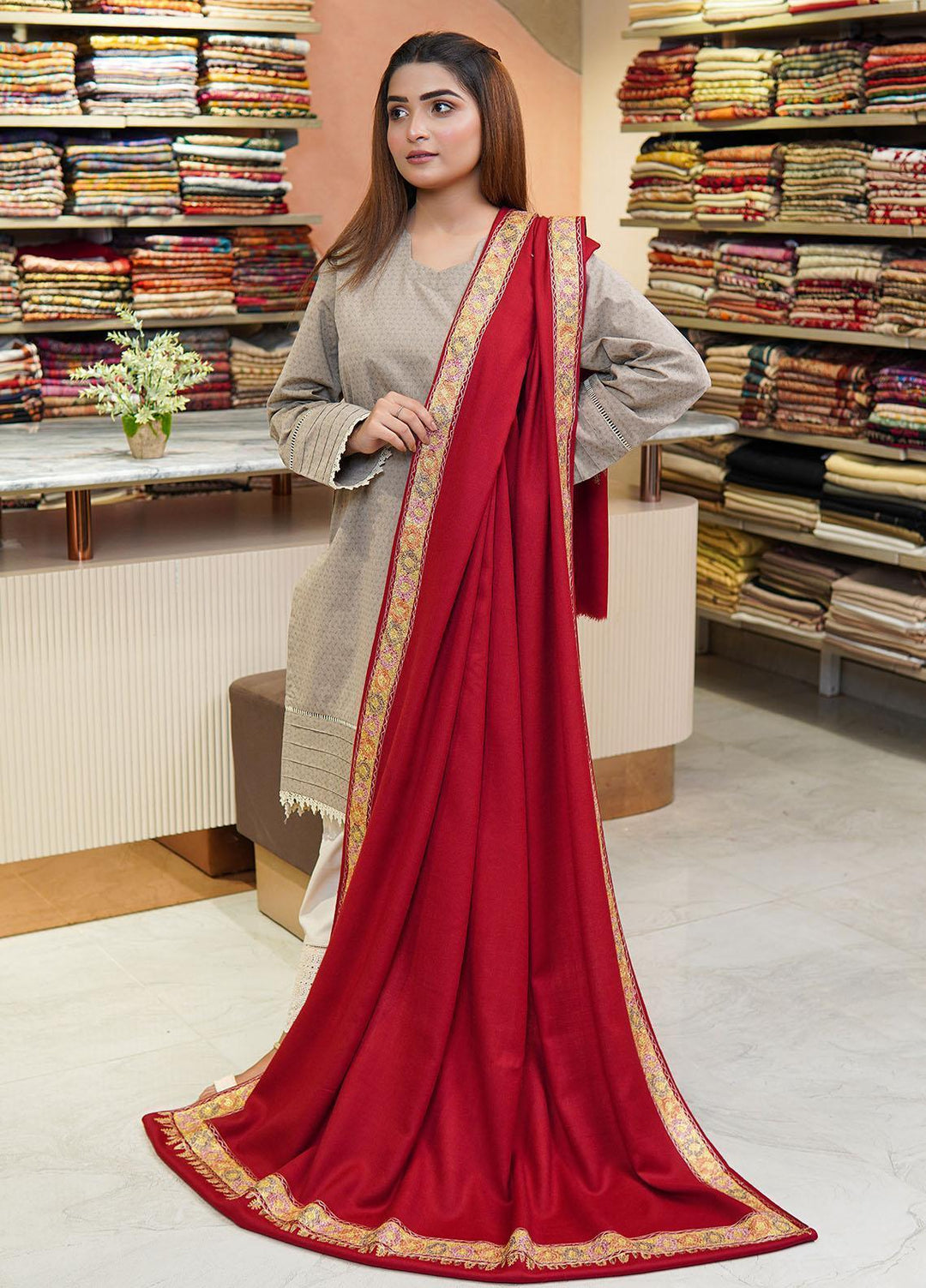 Sanaulla Exclusive Range  Pashmina  Shawls Tilla Neem Dour KPS-03 Mehroon - Pashmina Shawls