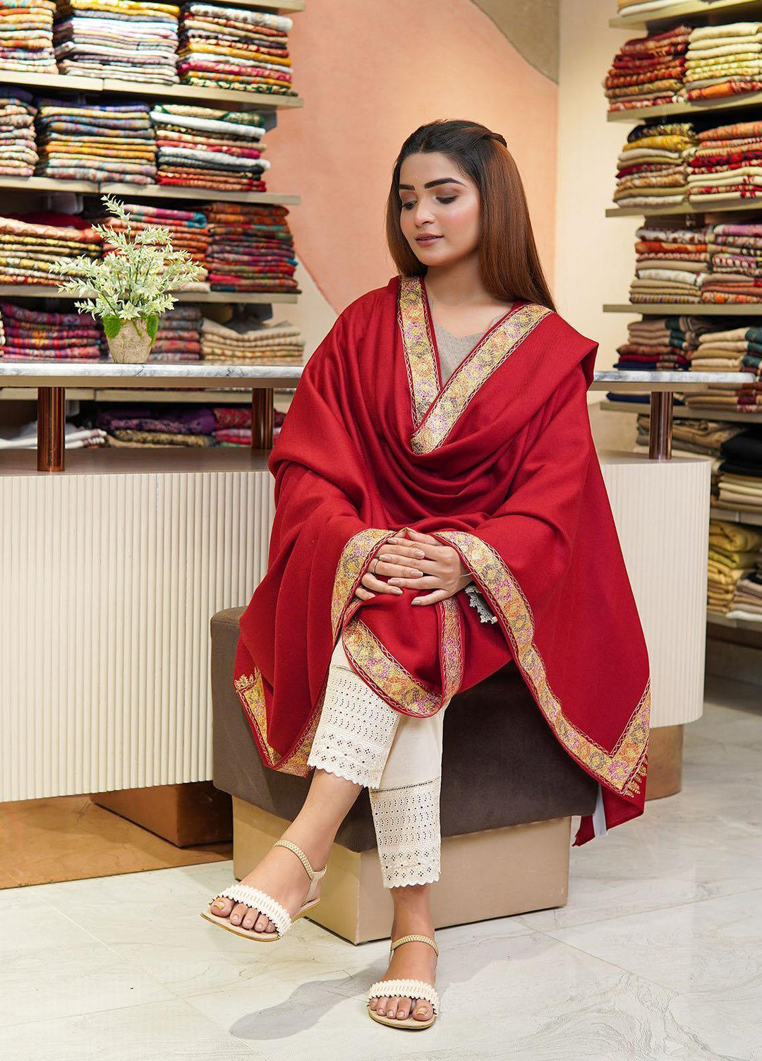 Sanaulla Exclusive Range  Pashmina  Shawls Tilla Neem Dour KPS-03 Mehroon - Pashmina Shawls