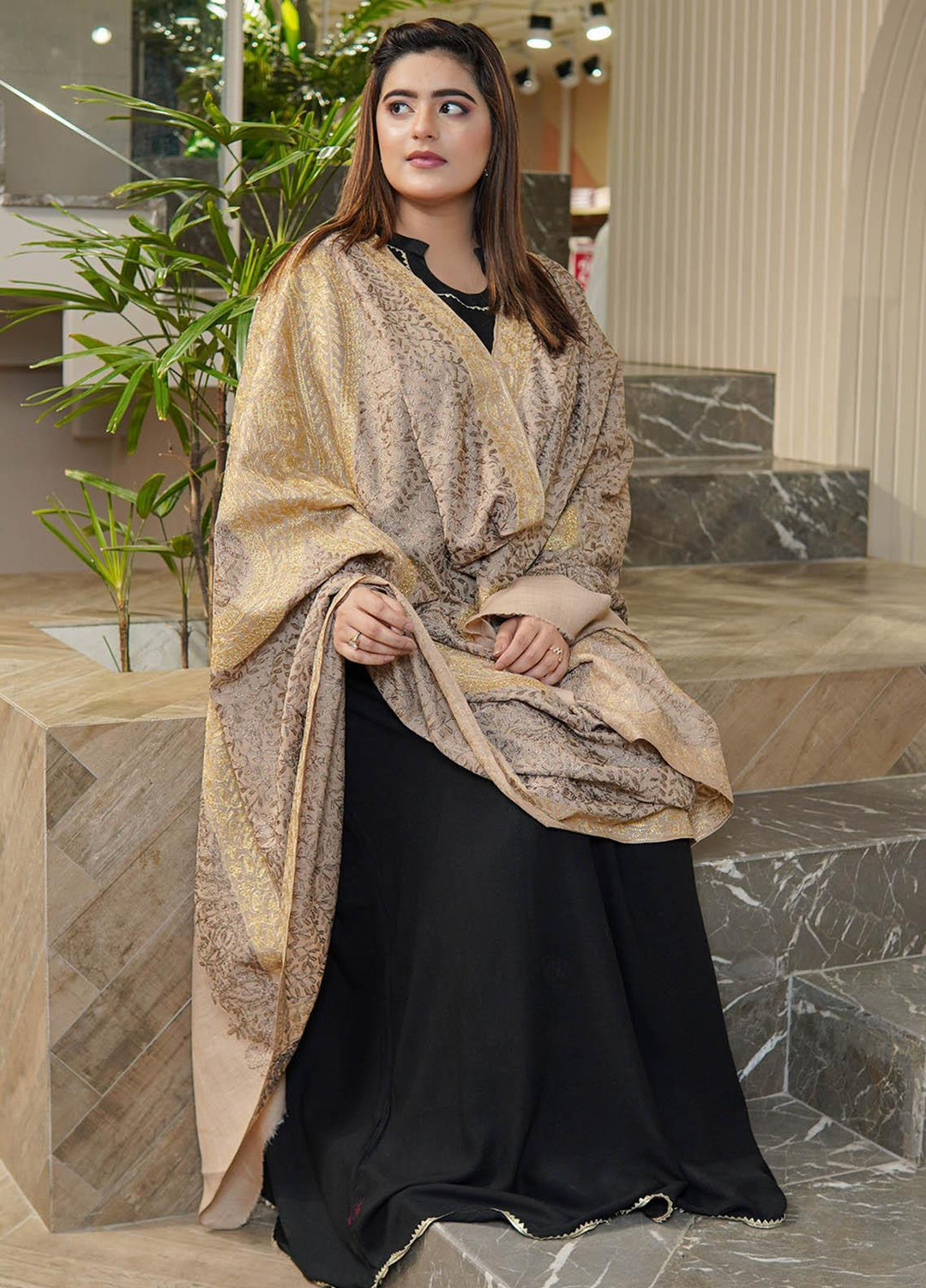Sanaulla Exclusive Range  Pashmina  Shawls Arri Jaal Kunj Tilla KPS-10 Fawn-01  - Pashmina Shawls