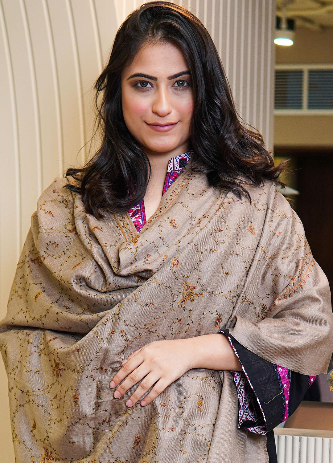 Sanaulla Exclusive Range  Pashmina  Shawls MAMA-17 Brown-1 - Pashmina Shawls