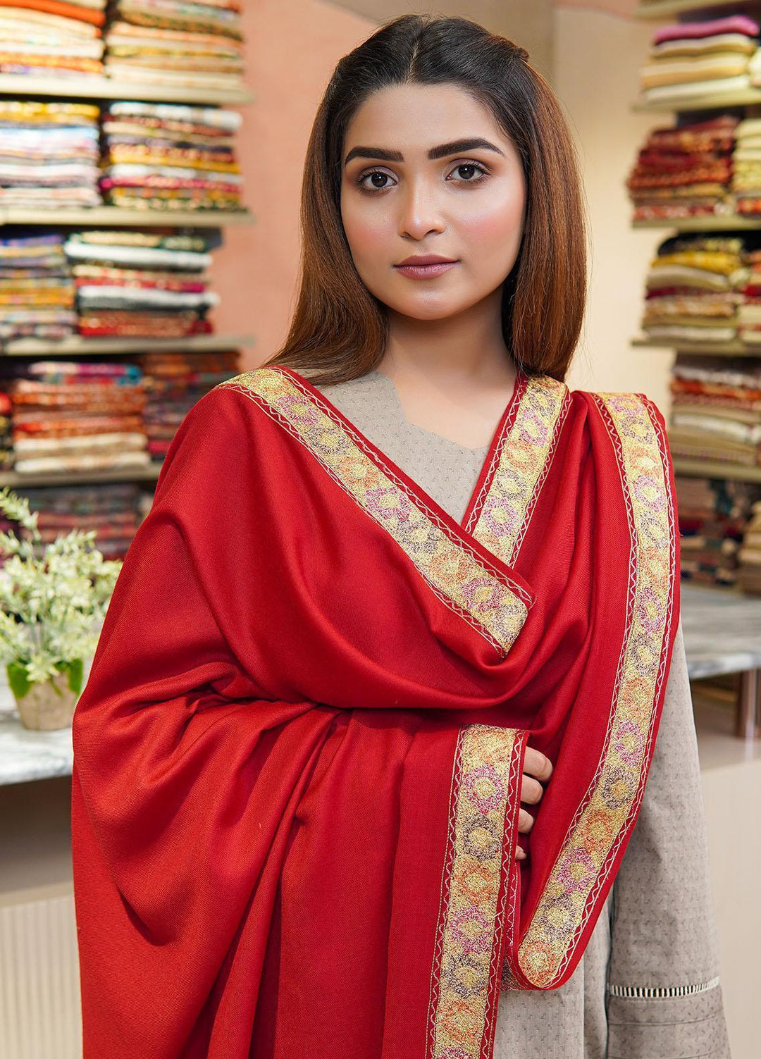 Sanaulla Exclusive Range  Pashmina  Shawls Tilla Neem Dour KPS-03 Red - Pashmina Shawls