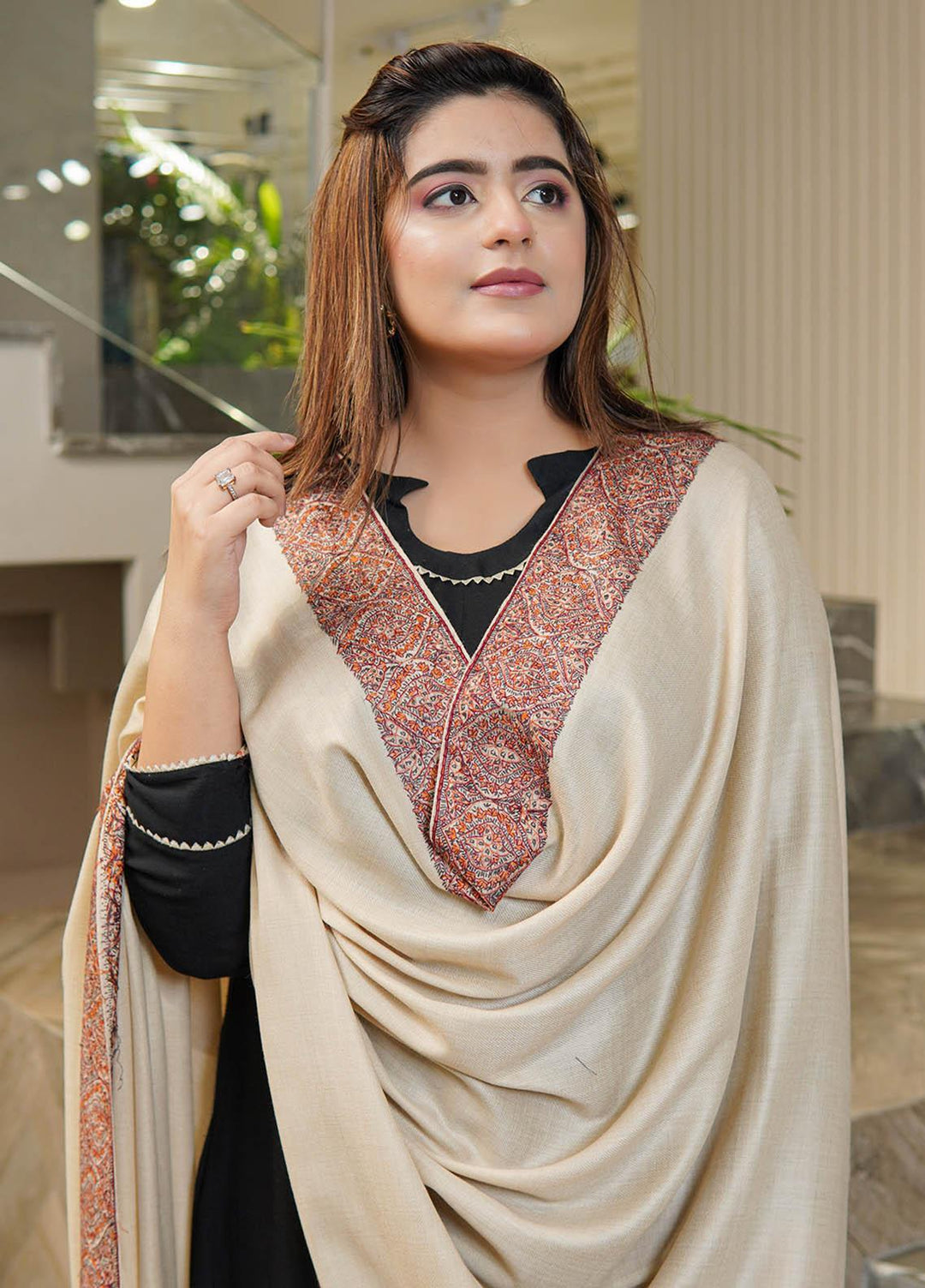 Sanaulla Exclusive Range  Pashmina  Shawls Top Dour DD KPS-17 Fawn-01   - Pashmina Shawls