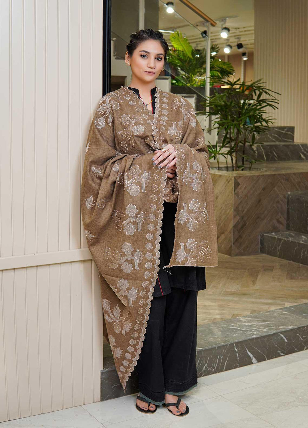 Sanaulla Exclusive Range  Pashmina  Shawls MAMA-49 Brown-2 - Pashmina Shawls