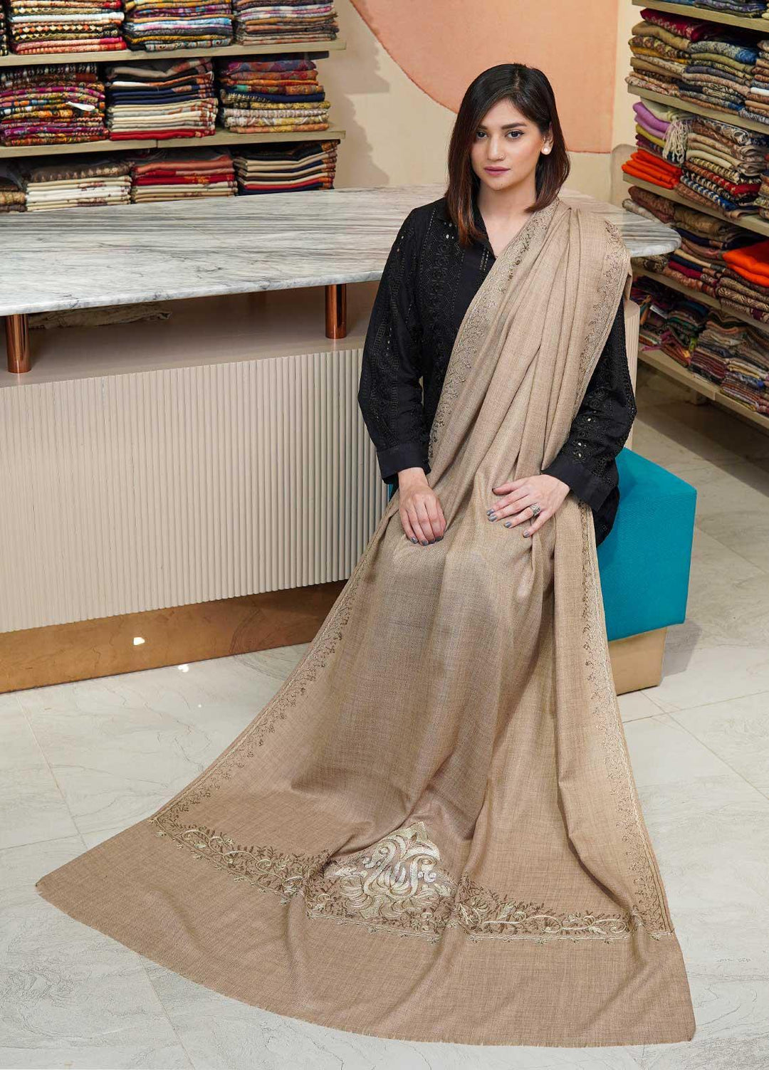 Sanaulla Exclusive Range  Pashmina  Shawls MAMA-53 Brown - Pashmina Shawls