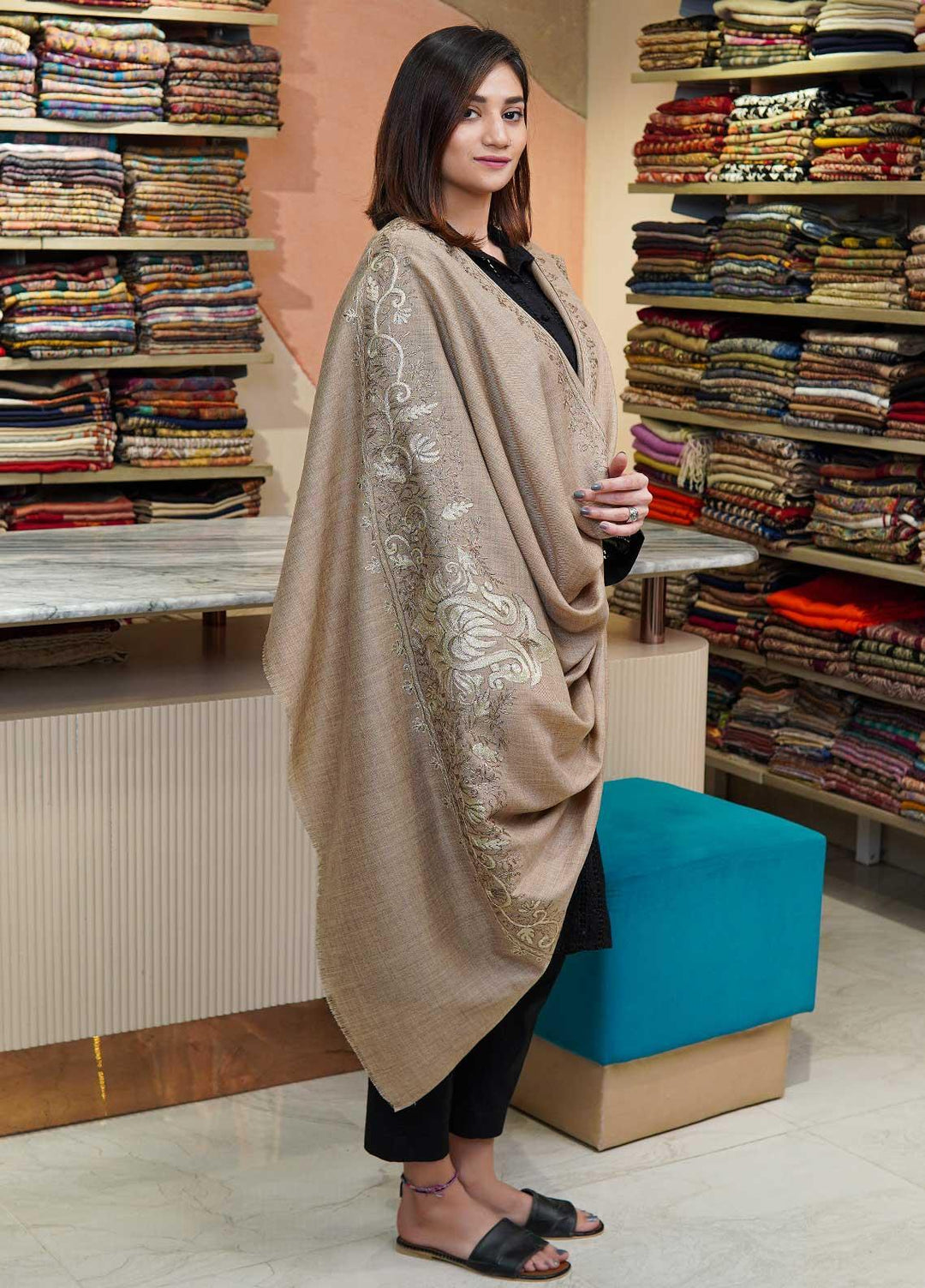 Sanaulla Exclusive Range  Pashmina  Shawls MAMA-53 Brown - Pashmina Shawls