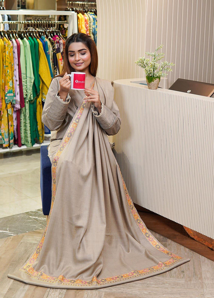 Sanaulla Exclusive Range  Pashmina  Shawls Tilla Neem Dour KPS-03 Fawn - Pashmina Shawls