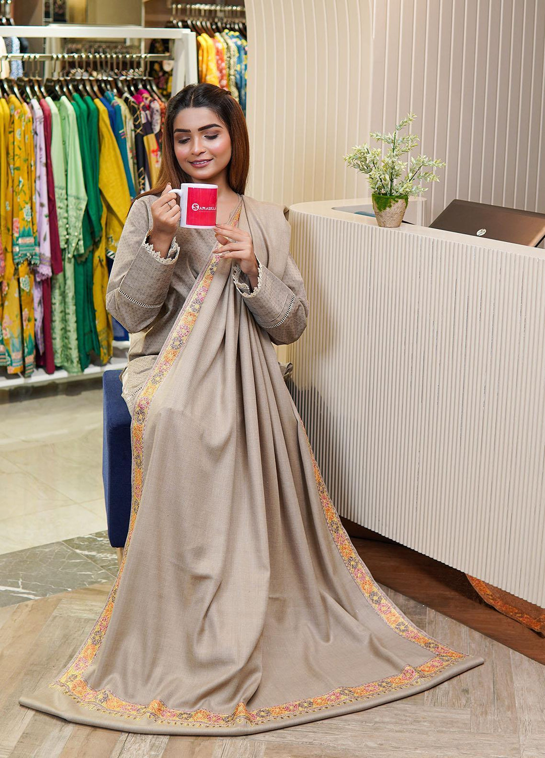 Sanaulla Exclusive Range  Pashmina  Shawls Tilla Neem Dour KPS-03 Fawn - Pashmina Shawls