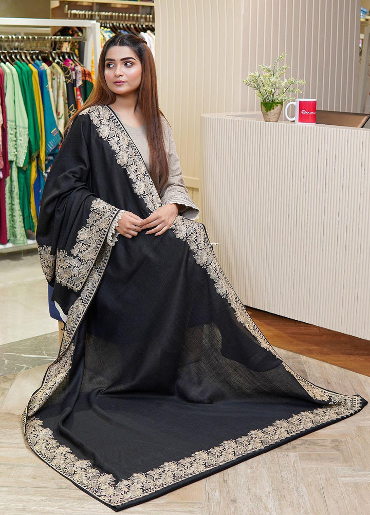 Sanaulla Exclusive Range  Pashmina  Shawls Mh Tilla Kallah Dour Ght KPS-18 Black02 - Pashmina Shawls