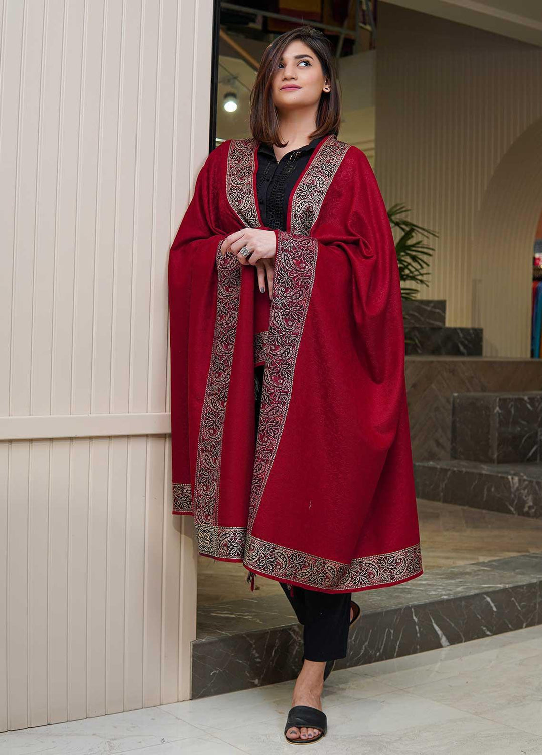 Sanaulla Exclusive Range  Pashmina  Shawls Self Patti Acrylic KPS-06 Red - Pashmina Shawls