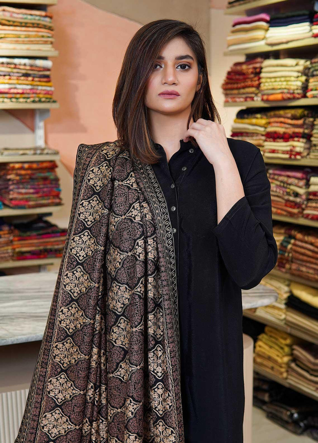 Sanaulla Exclusive Range  Pashmina  Shawls MAMA-37 Black-1 - Pashmina Shawls