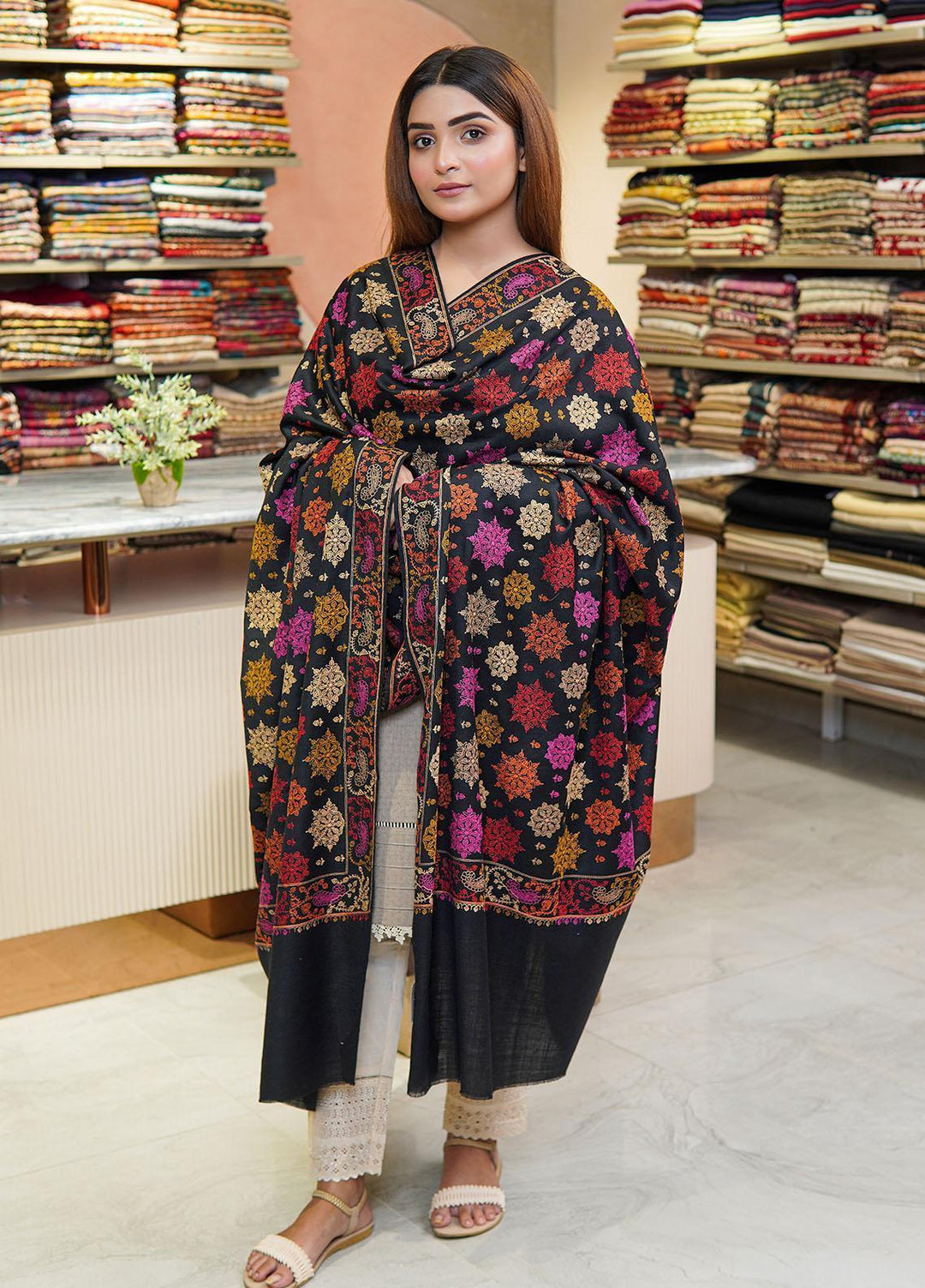 Sanaulla Exclusive Range  Pashmina  Shawls MH Multi Buti Jaal Hw KPS-25 Black01 - Pashmina Shawls