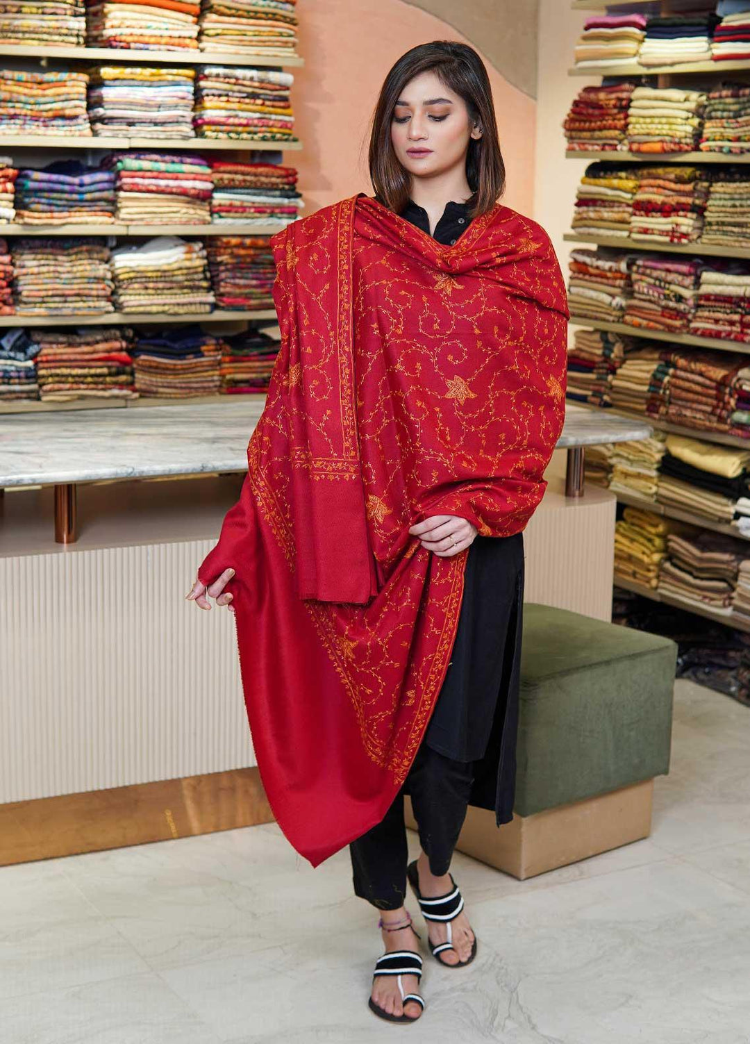 Sanaulla Exclusive Range  Pashmina  Shawls MAMA-17 Red-2 - Pashmina Shawls