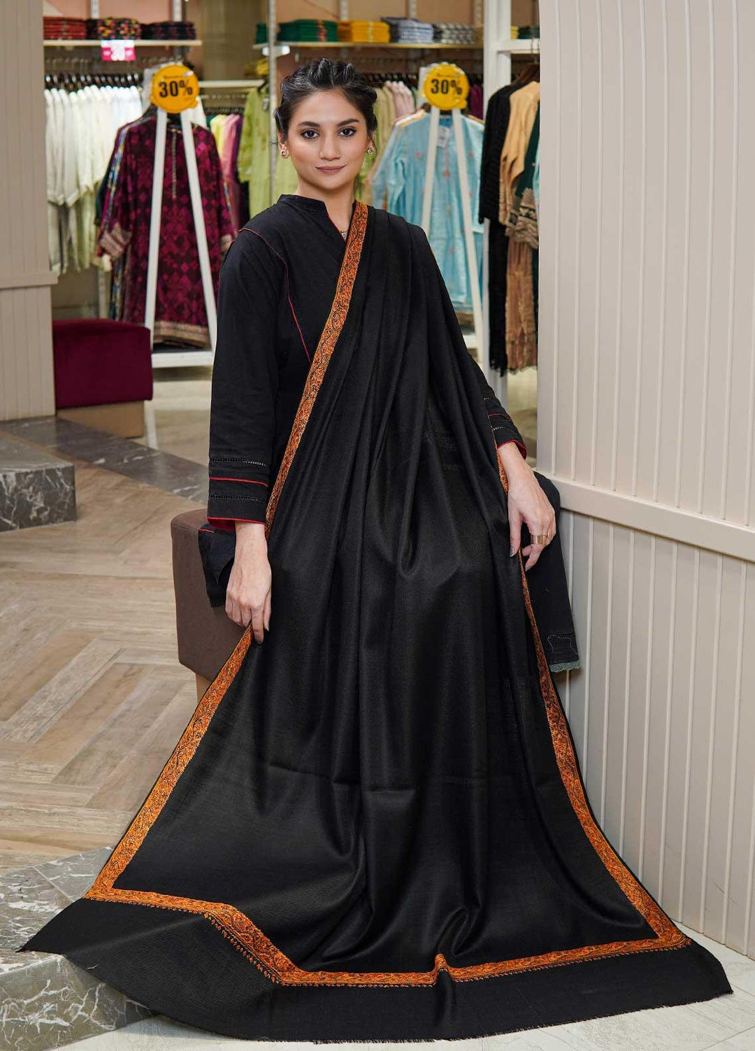 Sanaulla Exclusive Range  Pashmina  Shawls MAMA-18 Black-2 - Pashmina Shawls