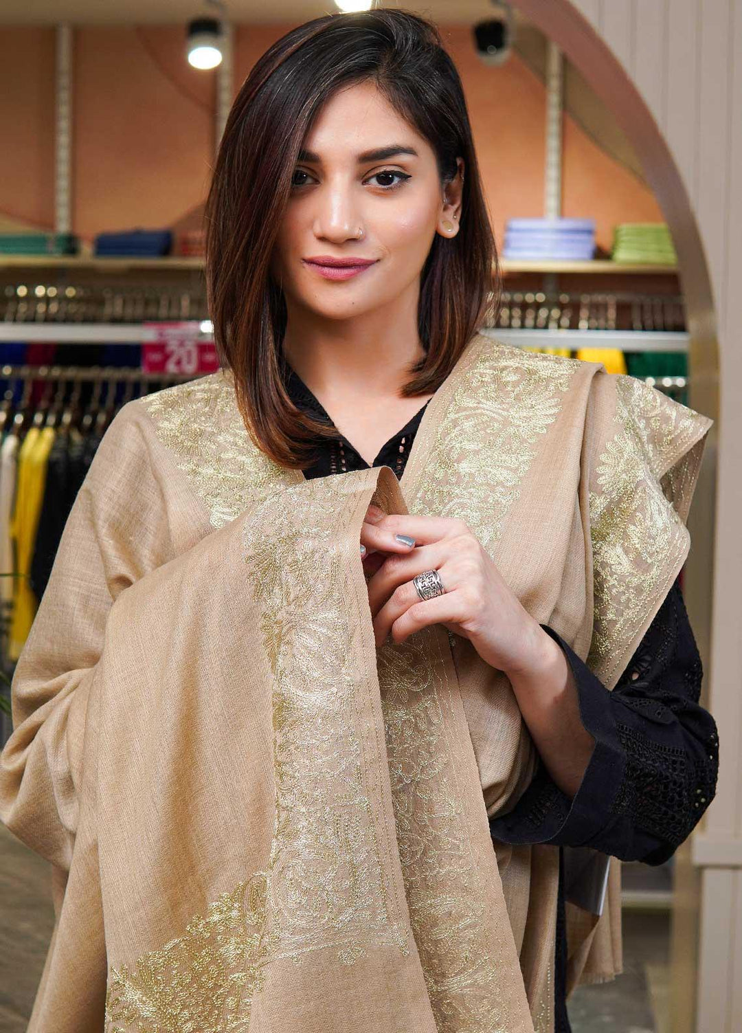 Sanaulla Exclusive Range  Pashmina  Shawls MAMA-25 Fawn-3 - Pashmina Shawls