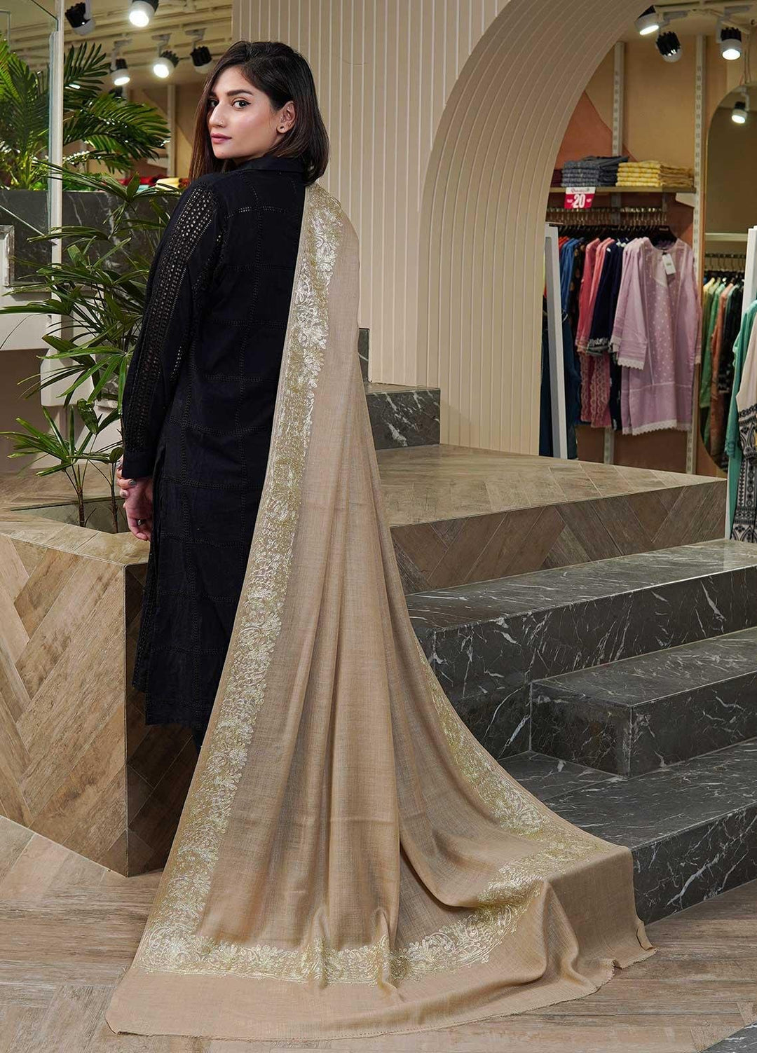 Sanaulla Exclusive Range  Pashmina  Shawls MAMA-25 Fawn-3 - Pashmina Shawls