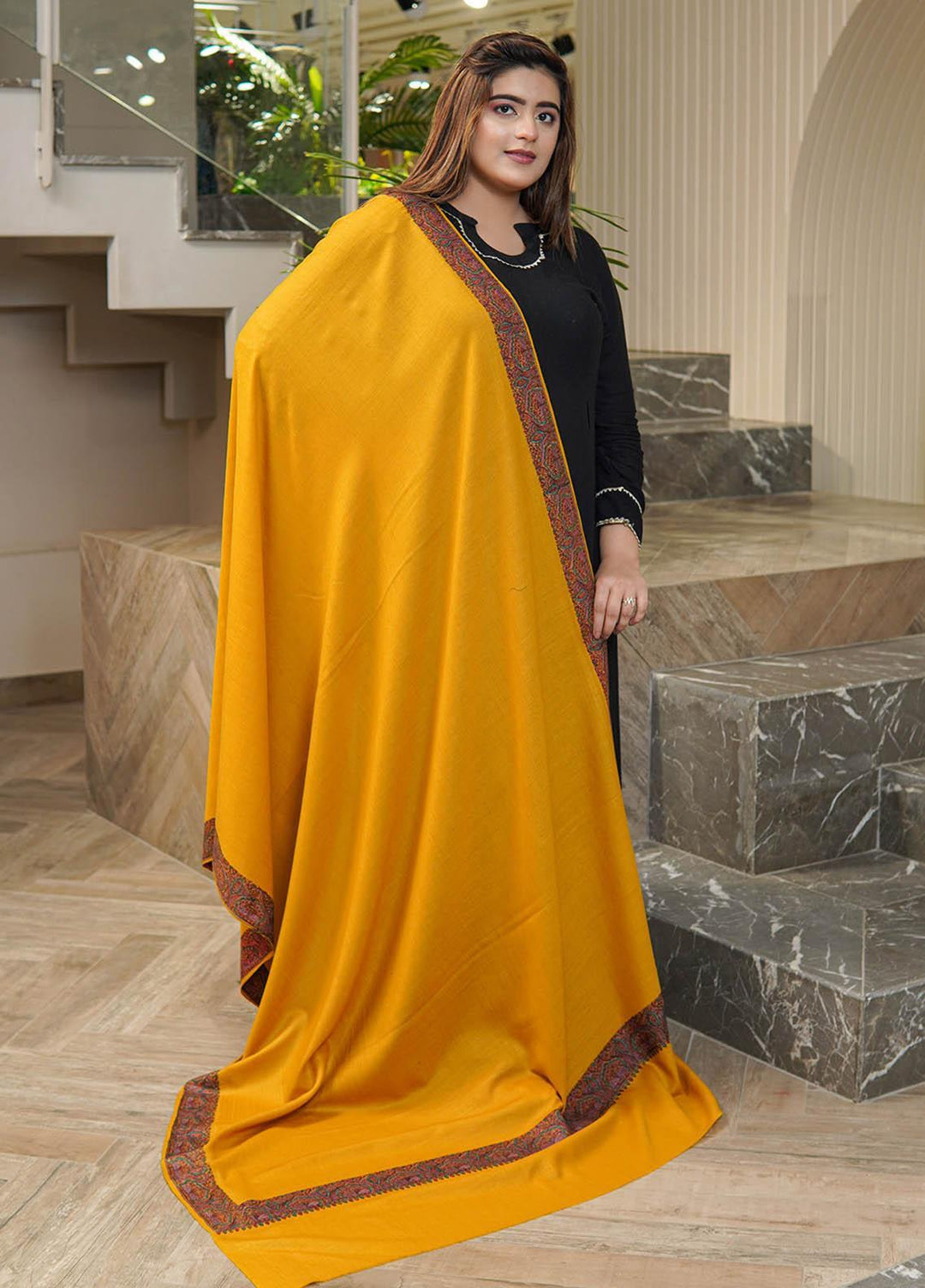 Sanaulla Exclusive Range  Pashmina  Shawls Mh Dour Sdt KPS-09 Yellow-01   - Pashmina Shawls