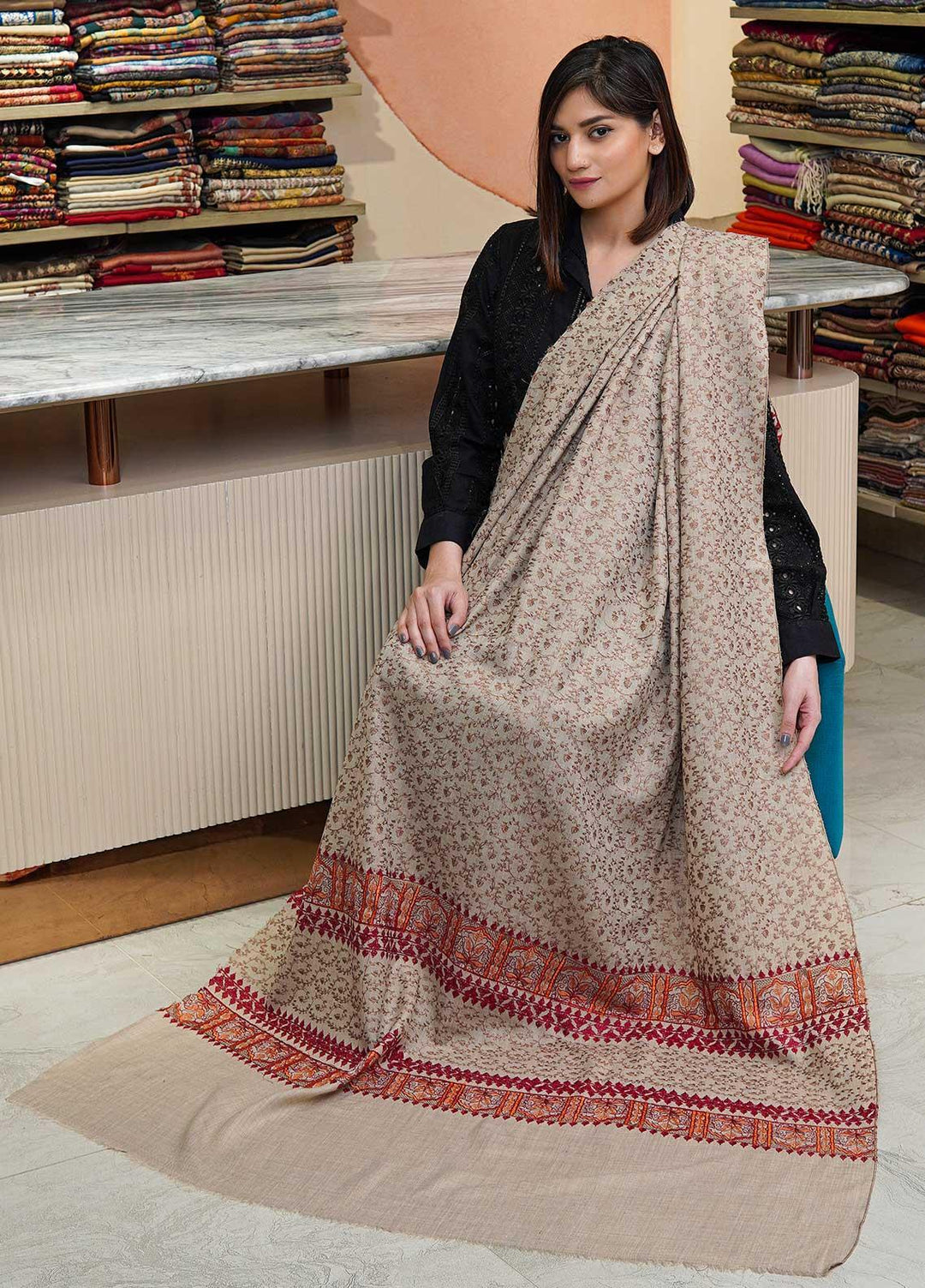 Sanaulla Exclusive Range  Pashmina  Shawls Acrylic Mh Jaal Az KPS-07 Fawn01 - Pashmina Shawls