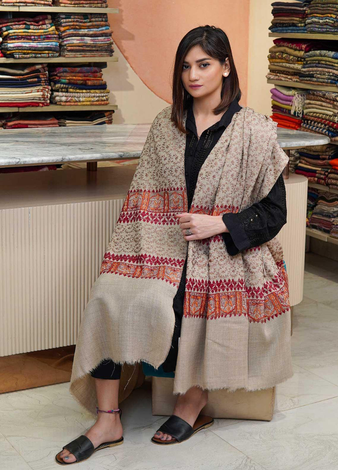 Sanaulla Exclusive Range  Pashmina  Shawls Acrylic Mh Jaal Az KPS-07 Fawn01 - Pashmina Shawls