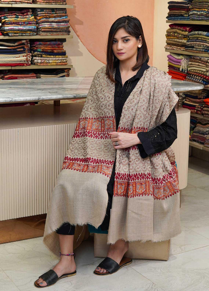 Sanaulla Exclusive Range  Pashmina  Shawls Acrylic Mh Jaal Az KPS-07 Fawn01 - Pashmina Shawls