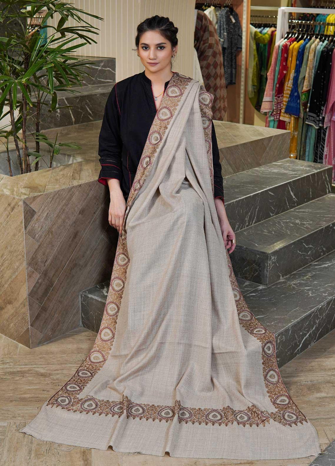 Sanaulla Exclusive Range  Pashmina  Shawls MAMA-51 Grey - Pashmina Shawls