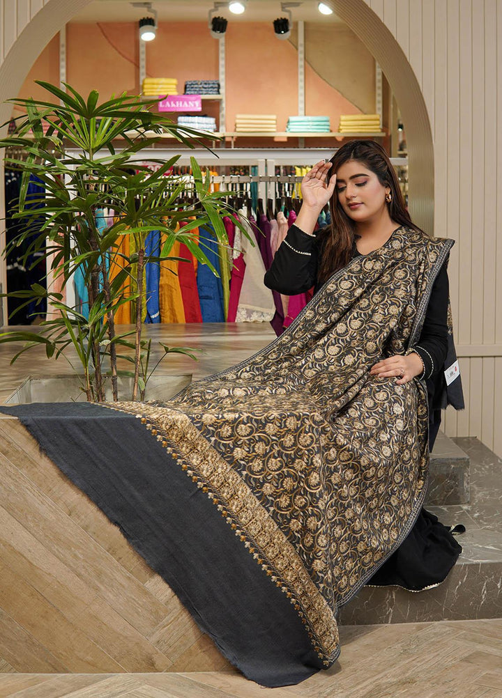 Sanaulla Exclusive Range  Pashmina  Shawls Nalki Flower Boder Jaal KPS-47 Grey  - Pashmina Shawls