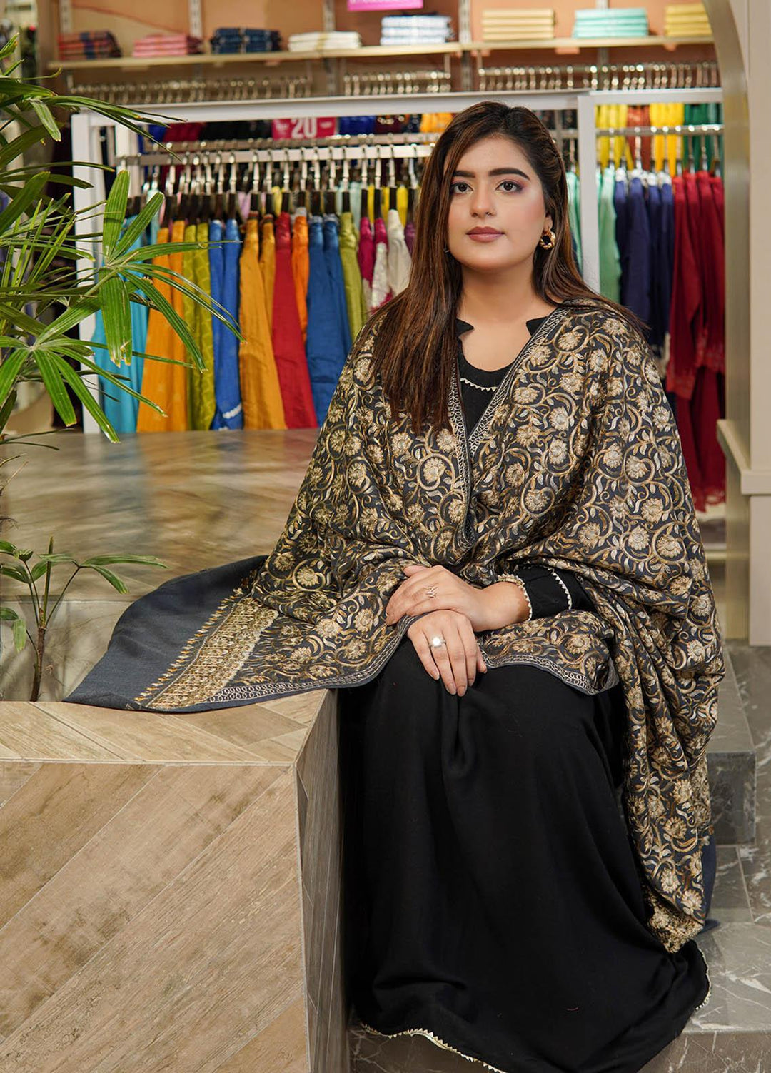 Sanaulla Exclusive Range  Pashmina  Shawls Nalki Flower Boder Jaal KPS-47 Grey  - Pashmina Shawls