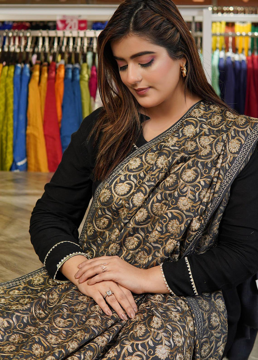 Sanaulla Exclusive Range  Pashmina  Shawls Nalki Flower Boder Jaal KPS-47 Grey  - Pashmina Shawls