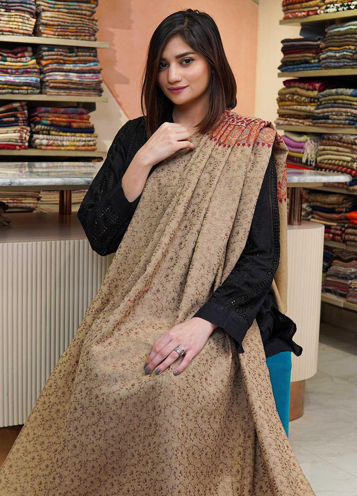 Sanaulla Exclusive Range  Pashmina  Shawls Acrylic Mh Jaal Az KPS-07 Light Brown - Pashmina Shawls
