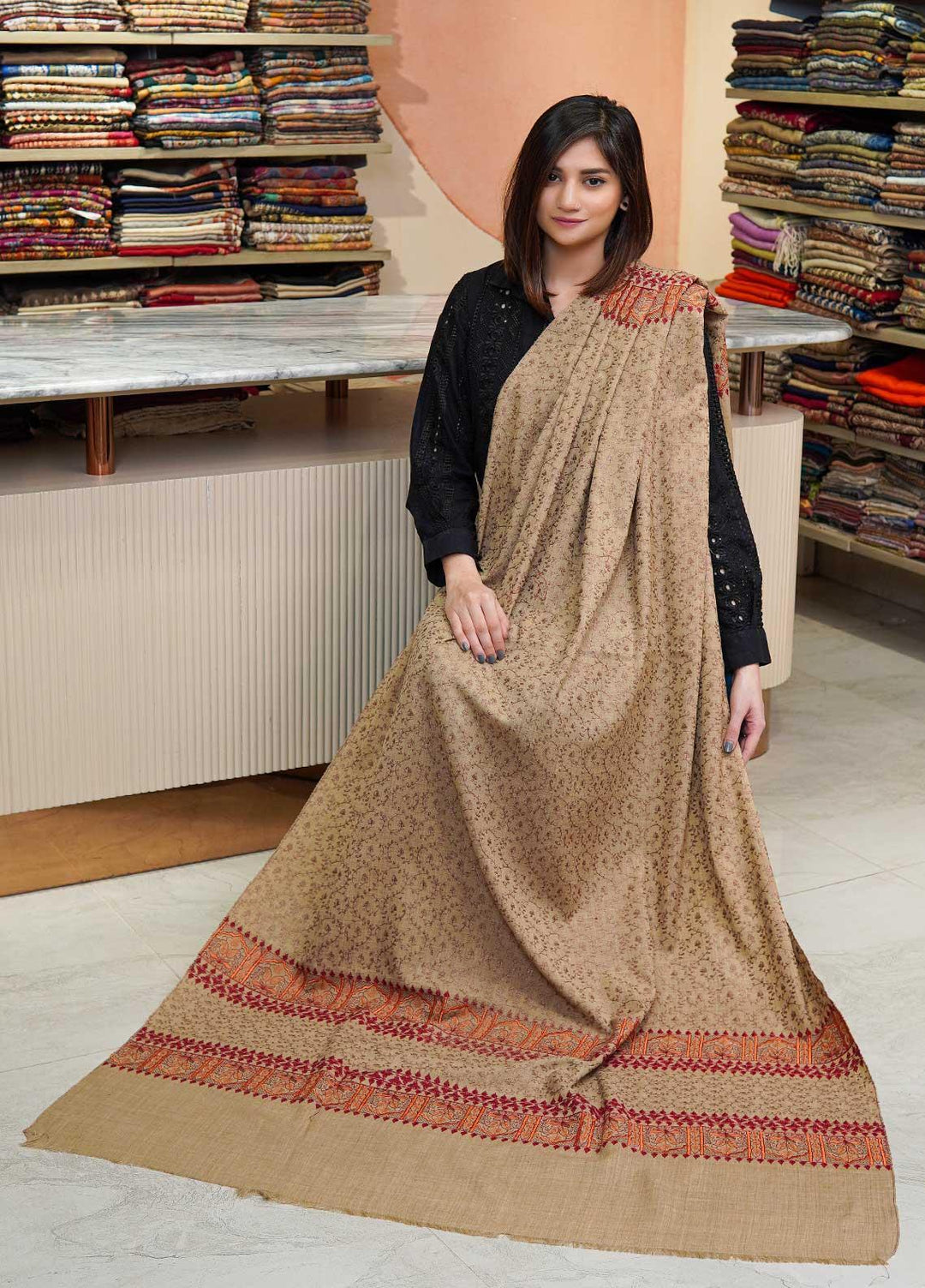 Sanaulla Exclusive Range  Pashmina  Shawls Acrylic Mh Jaal Az KPS-07 Light Brown - Pashmina Shawls