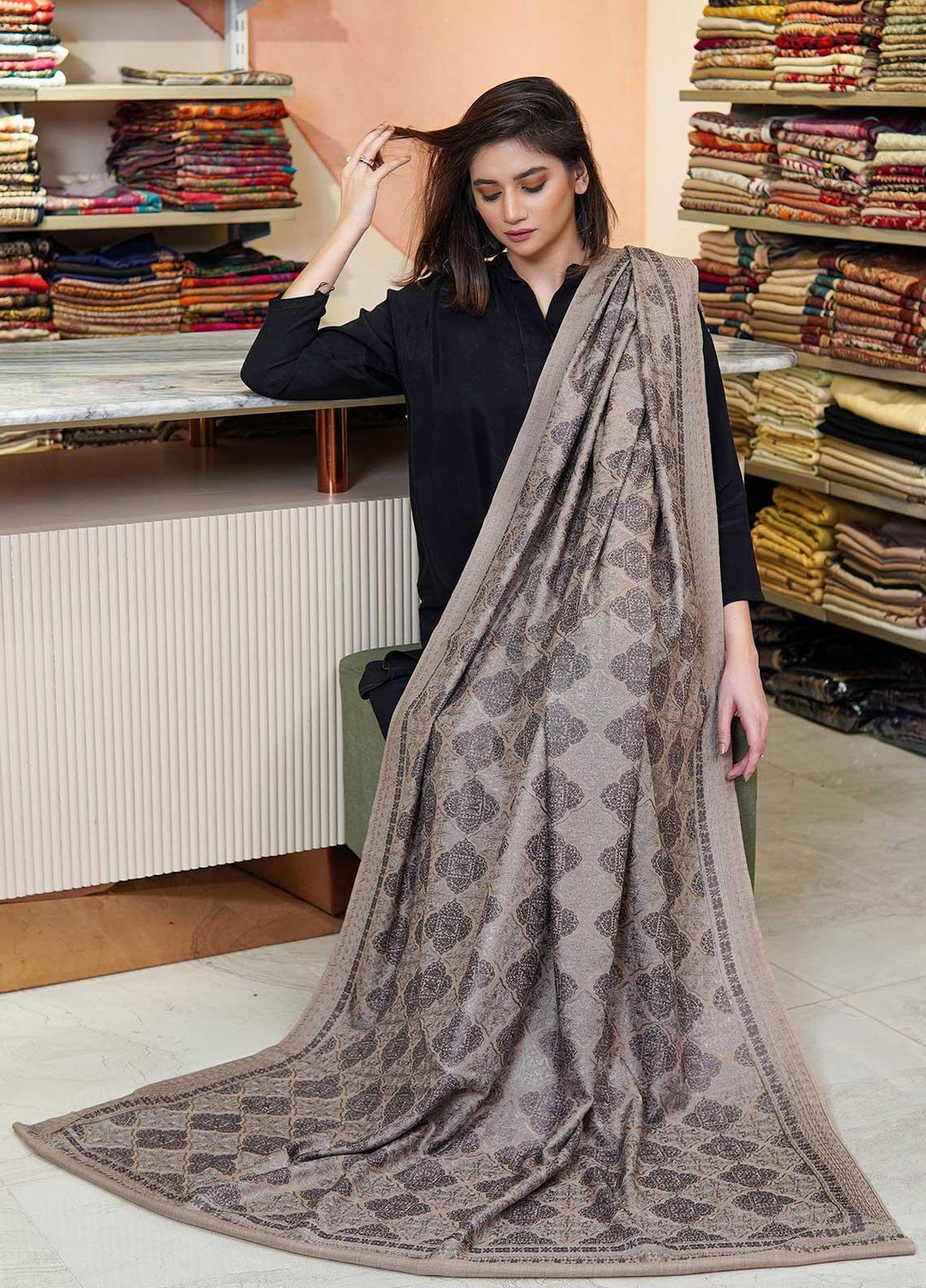 Sanaulla Exclusive Range  Pashmina  Shawls MAMA-37 Fawn-1 - Pashmina Shawls