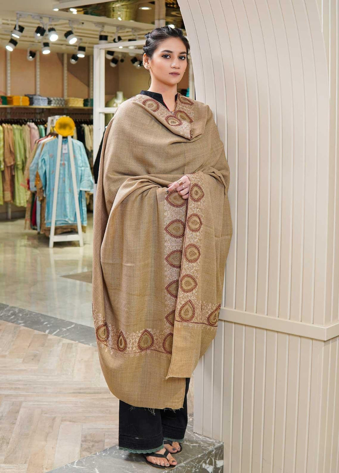 Sanaulla Exclusive Range  Pashmina  Shawls MAMA-51 Beige-1 - Pashmina Shawls