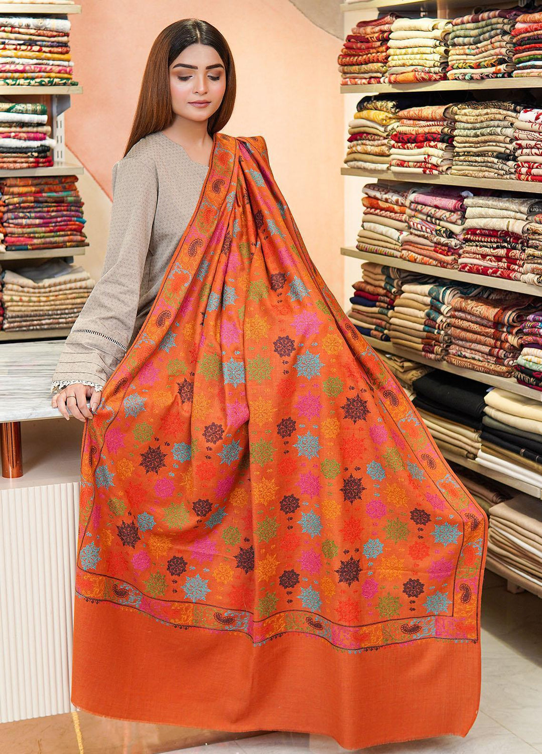 Sanaulla Exclusive Range  Pashmina  Shawls MH Multi Buti Jaal Hw KPS-25 Orange - Pashmina Shawls