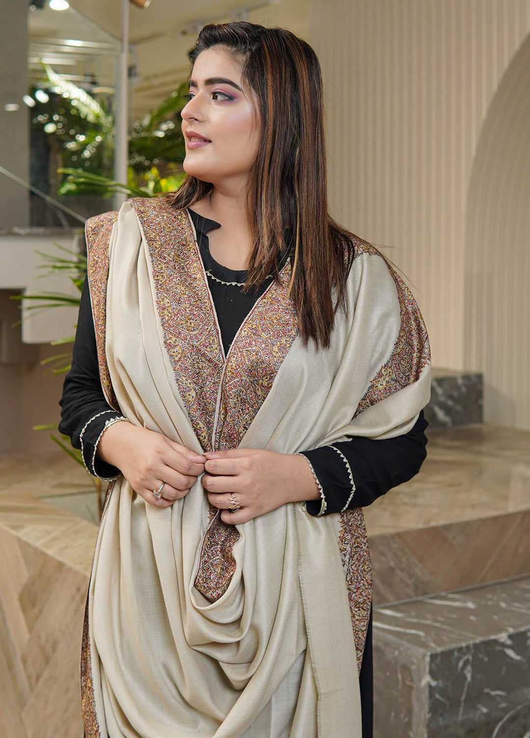 Sanaulla Exclusive Range  Pashmina  Shawls Top Dour DD KPS-17 Fawn-02   - Pashmina Shawls