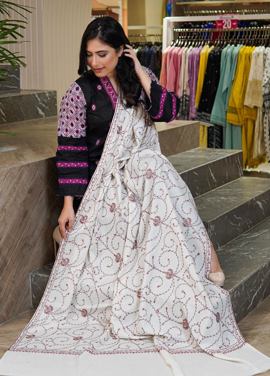 Sanaulla Exclusive Range  Pashmina  Shawls MAMA-17 White-2 - Pashmina Shawls