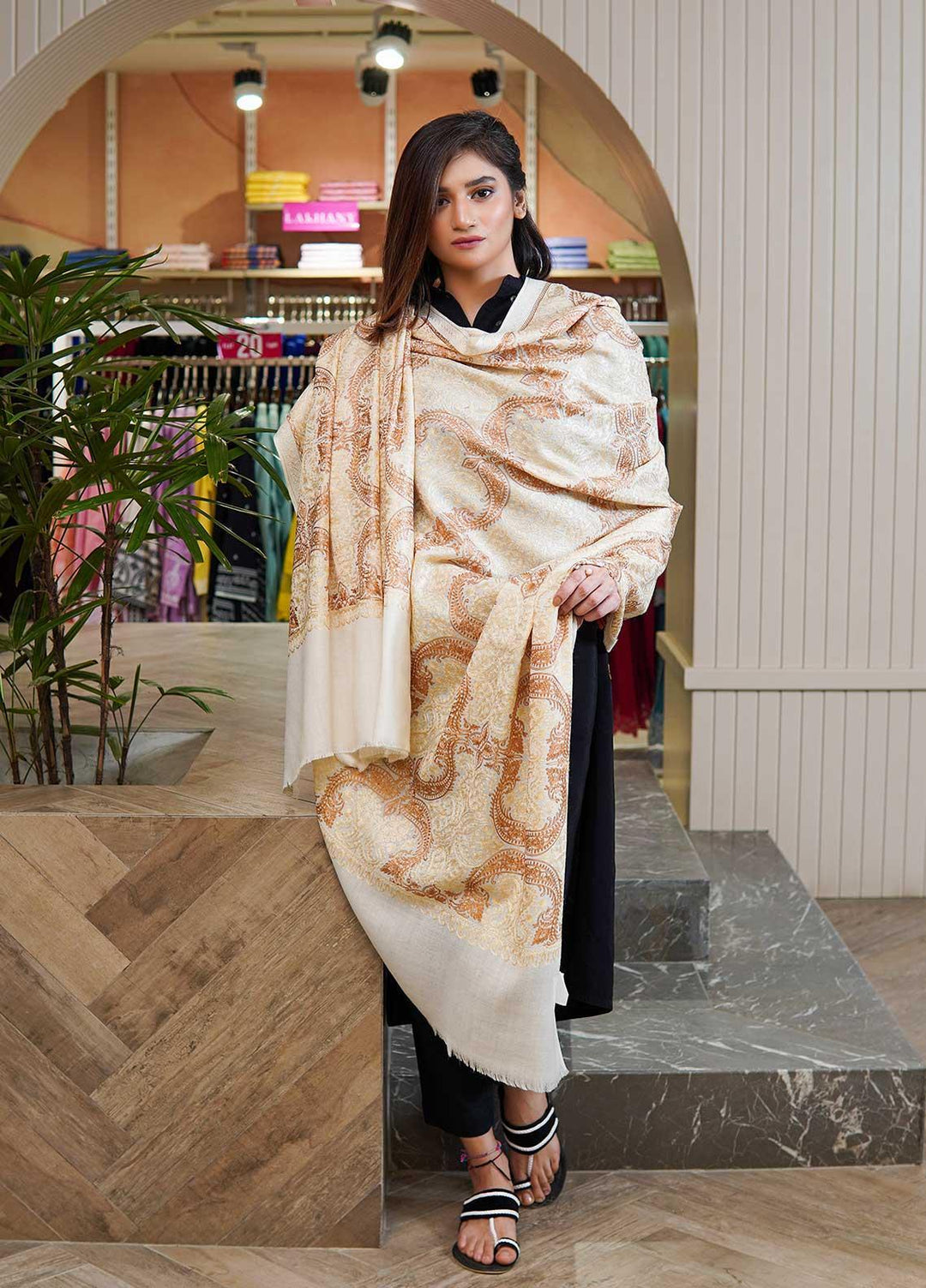 Sanaulla Exclusive Range  Pashmina  Shawls MAMA-38 Off White-1 - Pashmina Shawls