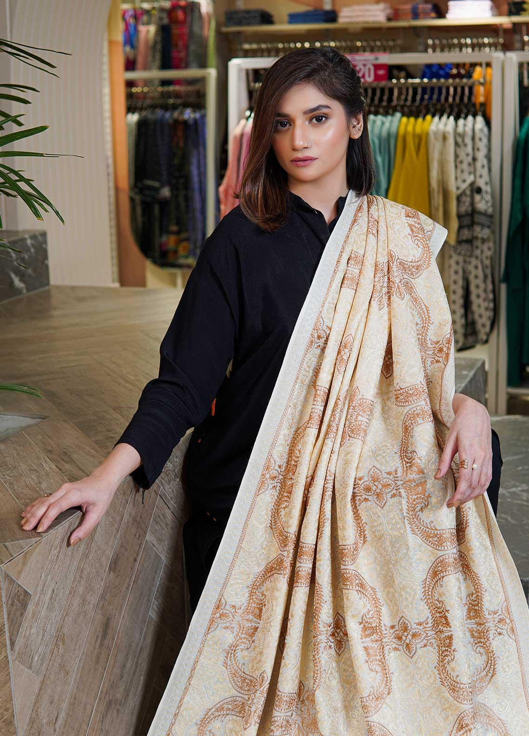 Sanaulla Exclusive Range  Pashmina  Shawls MAMA-38 Off White-1 - Pashmina Shawls