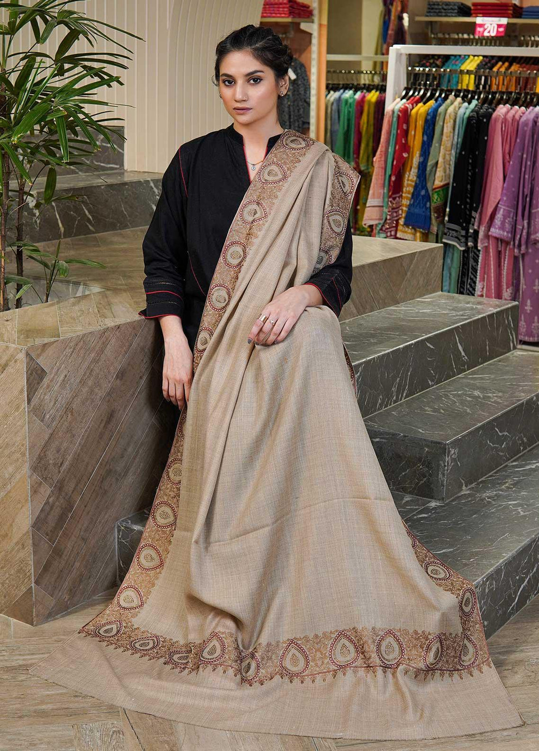 Sanaulla Exclusive Range  Pashmina  Shawls MAMA-51 Beige-3 - Pashmina Shawls