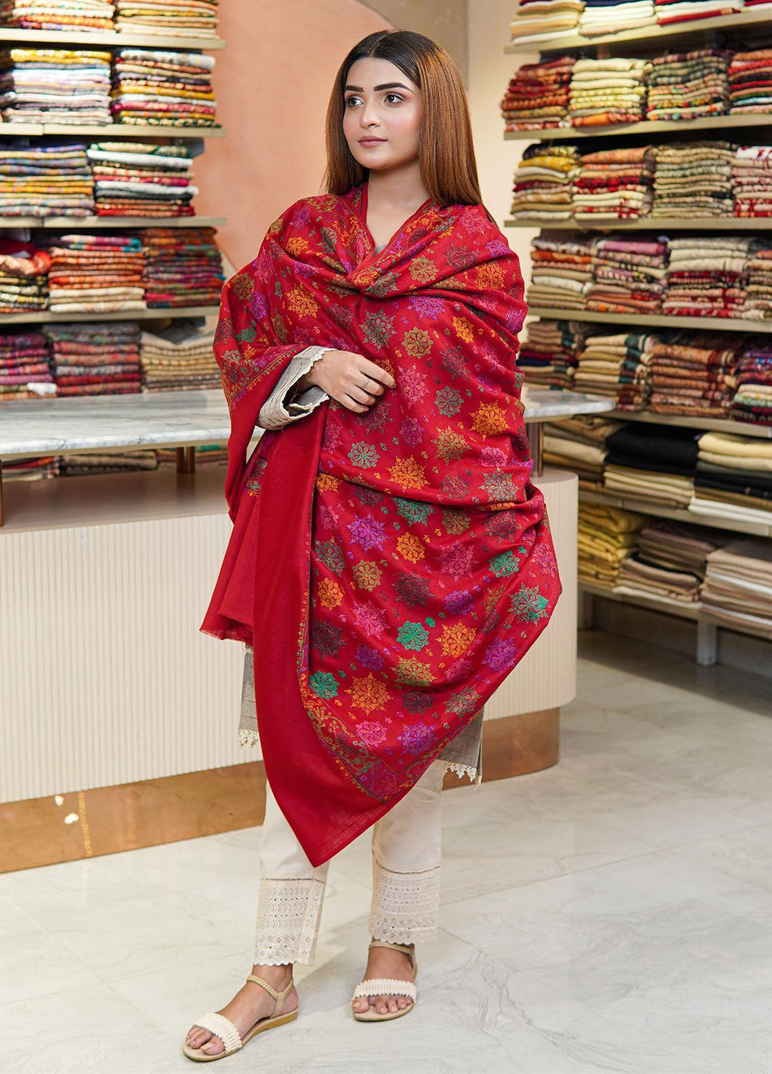 Sanaulla Exclusive Range  Pashmina  Shawls MH Multi Buti Jaal Hw KPS-25 Red - Pashmina Shawls