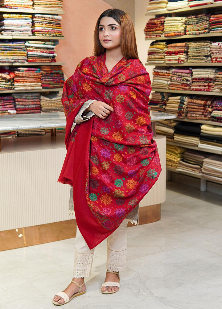 Sanaulla Exclusive Range  Pashmina  Shawls MH Multi Buti Jaal Hw KPS-25 Red - Pashmina Shawls